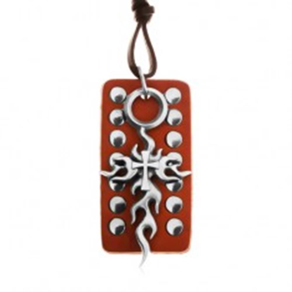Šperky eshop Kožený náhrdelník, nastaviteľný - hnedá vybíjaná známka, Tribal kríž