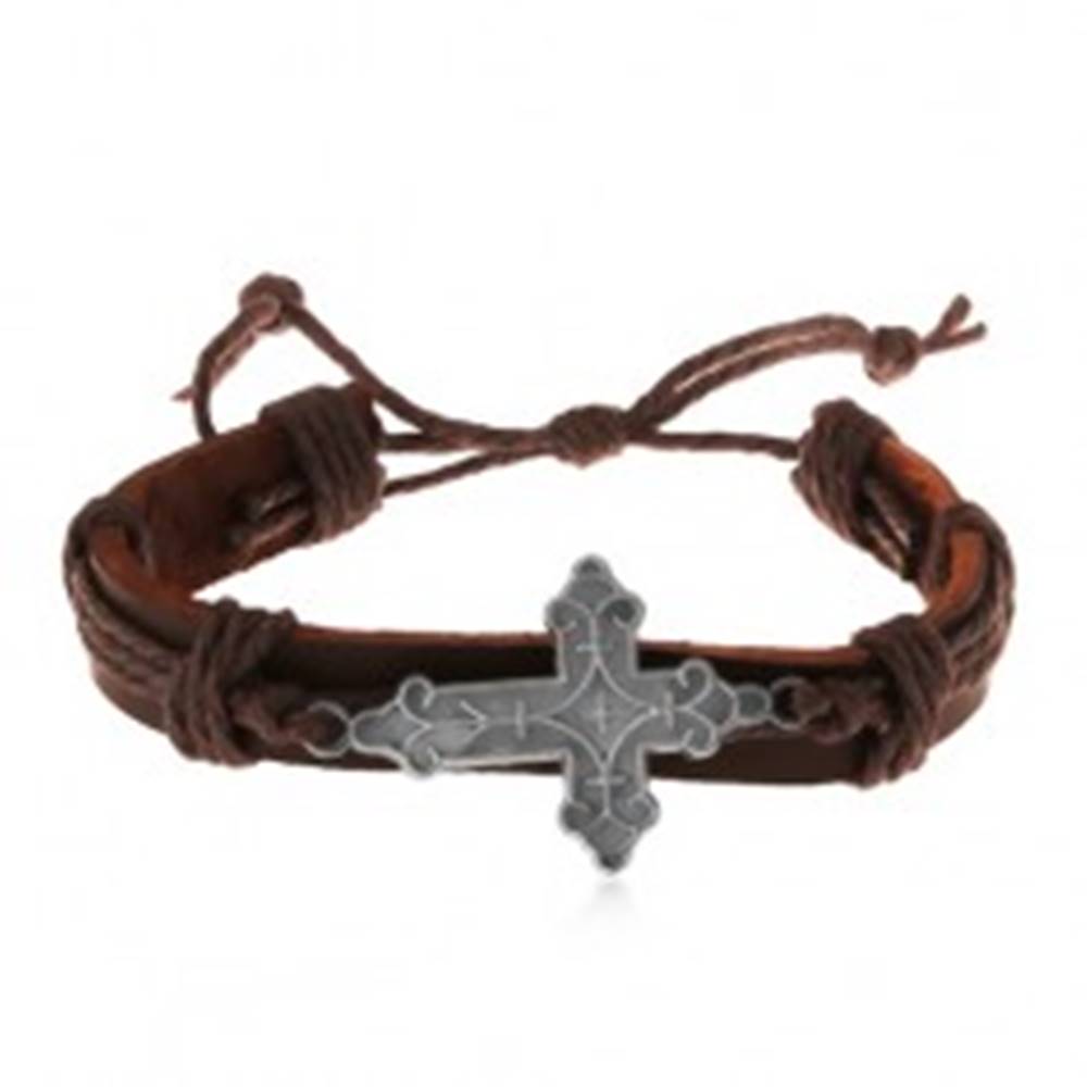 Šperky eshop Kožený náramok hnedej farby so šnúrkami, ozdobne vyrezávaný veľký kríž