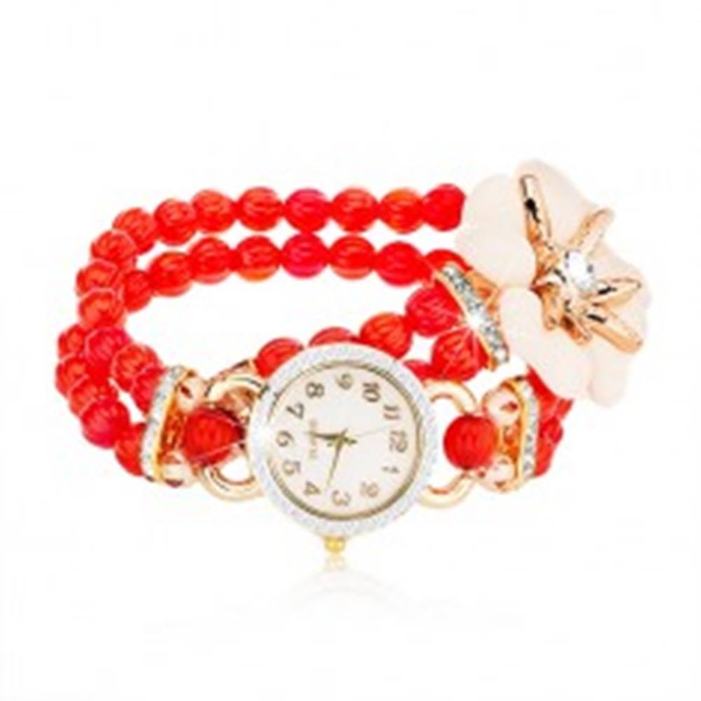 Šperky eshop Náramkové hodinky z červených korálok, ciferník so zirkónmi, biely kvet so zirkónom