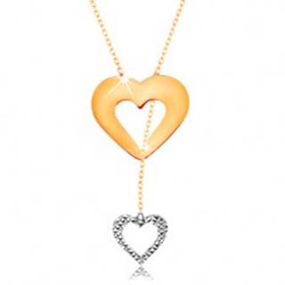 Náhrdelník v 14K zlate - jemná retiazka, obrys srdca a visiaceho srdiečka
