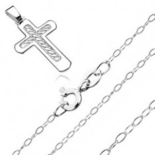 Strieborný 925 náhrdelník - kríž s pleteným lanom v strede, ligotavá retiazka