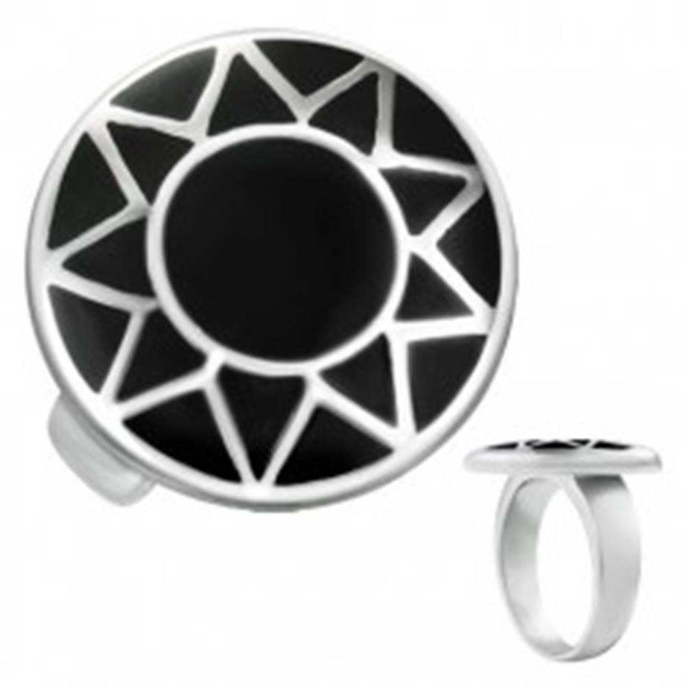 Šperky eshop Oceľový prsteň s obrysom slnka striebornej farby v čiernom kruhu - Veľkosť: 57 mm