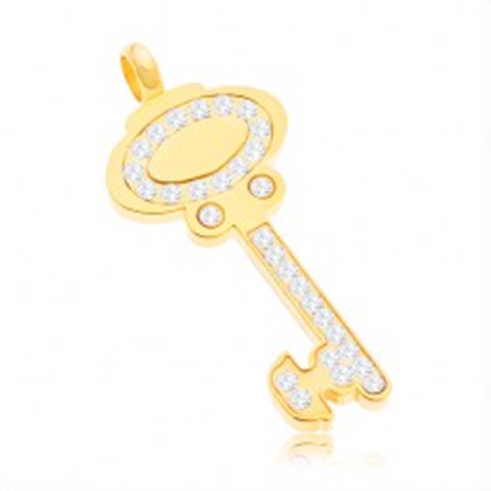 Šperky eshop Prívesok z chirurgickej ocele - kľúč zlatej farby zdobený čírymi zirkónmi