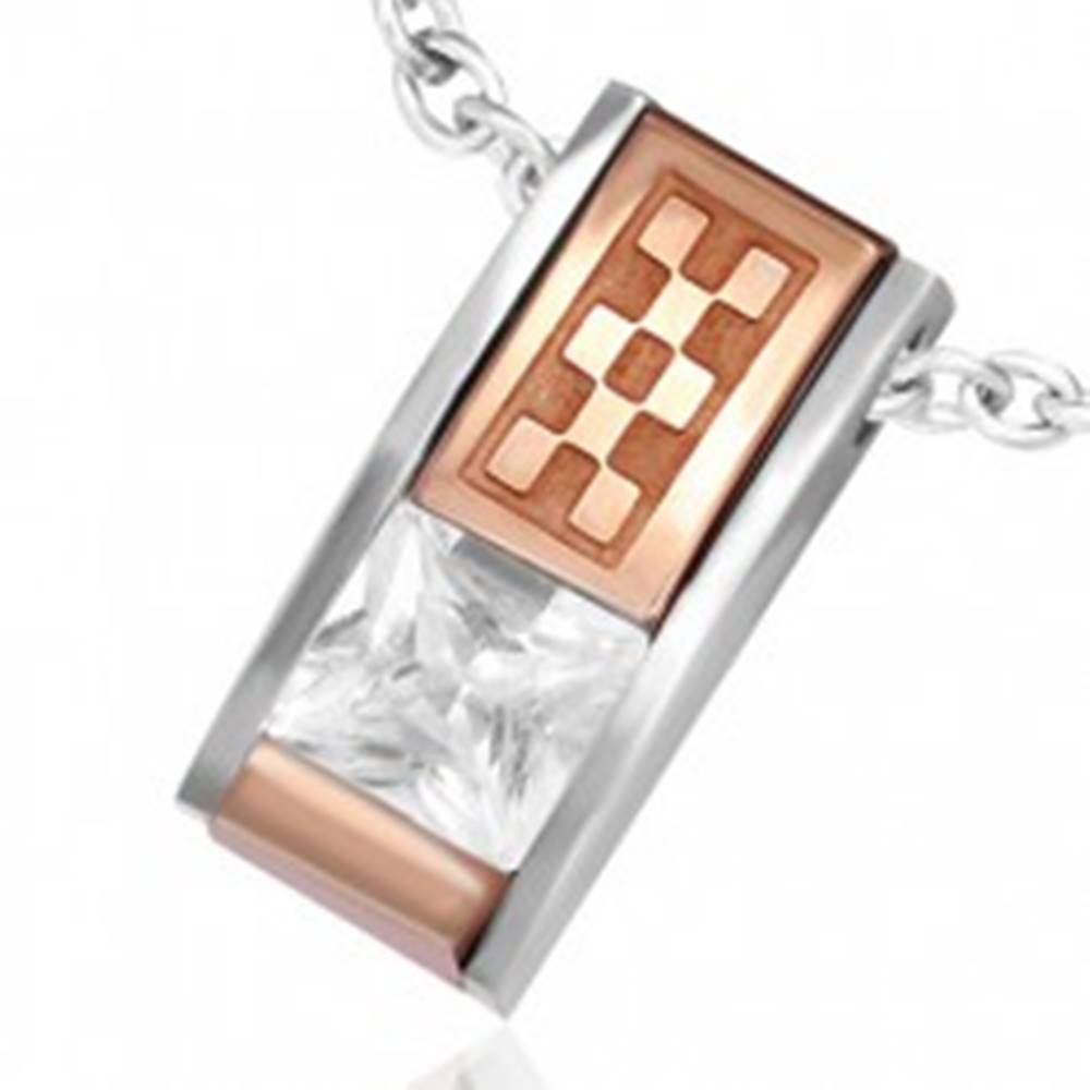 Šperky eshop Prívesok z ocele - skosená tehlička so zirkónom a medenou šachovnicou
