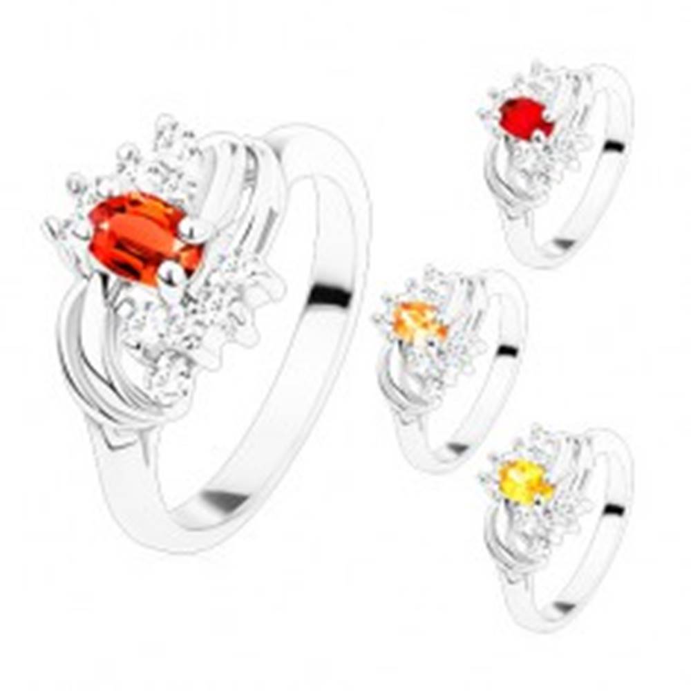Šperky eshop Prsteň v striebornom odtieni s hladkými lesklými oblúkmi, farebné a číre zirkóny - Veľkosť: 49 mm, Farba: Svetlooranžová