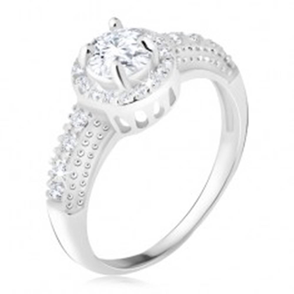 Šperky eshop Strieborný 925 prsteň, číry zirkón s lemom, zirkónové ramená - Veľkosť: 48 mm