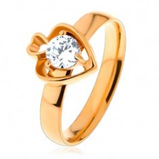 Oceľový prsteň zlatej farby, dva obrysy sŕdc a okrúhly číry zirkón - Veľkosť: 49 mm