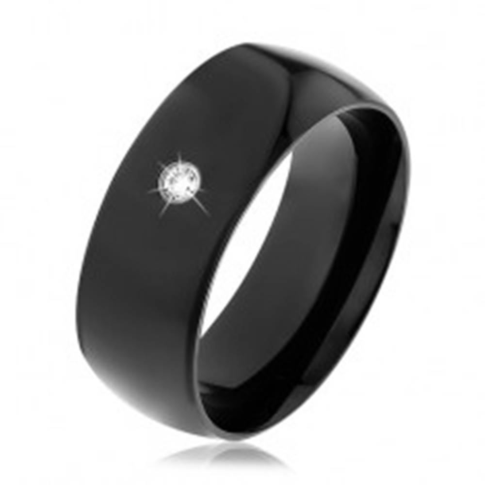 Šperky eshop Čierna oceľová obrúčka, lesklý vypuklý povrch, okrúhly číry zirkón - Veľkosť: 56 mm