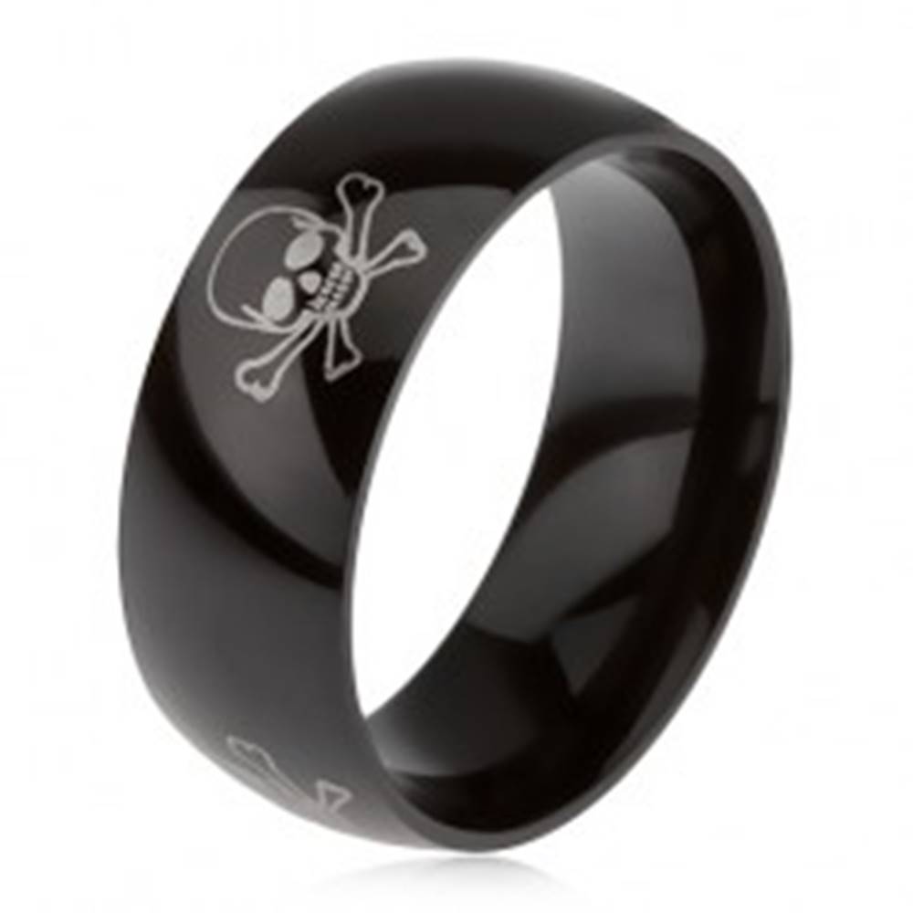 Šperky eshop Lesklý čierny prsteň z ocele 316L, oceľovosivá potlač, lebky s prekríženými hnátmi - Veľkosť: 57 mm