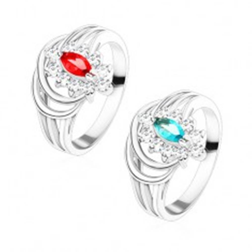 Šperky eshop Lesklý prsteň s rozvetvenými ramenami, farebné zirkónové zrnko, oblúčiky - Veľkosť: 48 mm, Farba: Aqua modrá