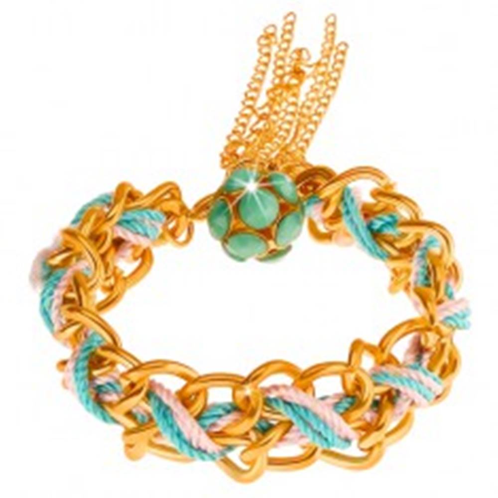 Šperky eshop Náramok, dvojitá retiazka, modrá a ružová šnúrka, korálky zelenej farby