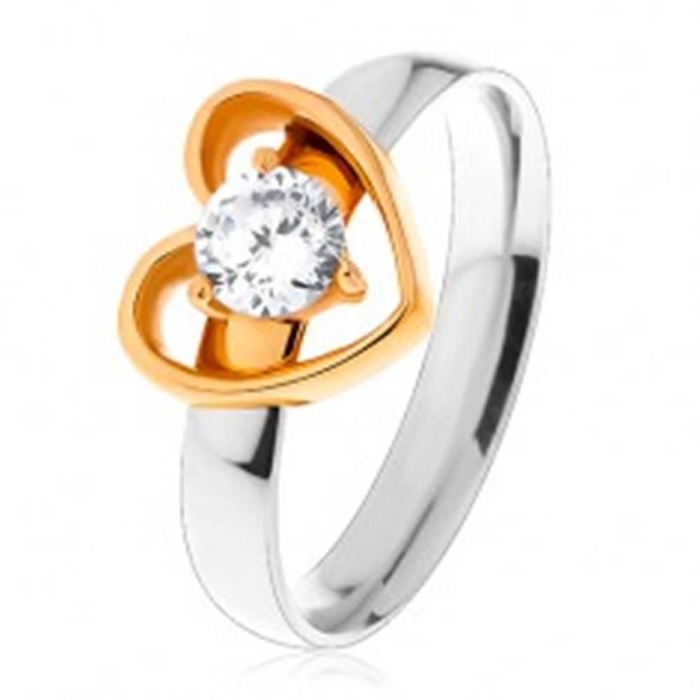 Šperky eshop Oceľový prsteň - dvojfarebné prevedenie, tenká kontúra srdca, okrúhly číry zirkón - Veľkosť: 49 mm