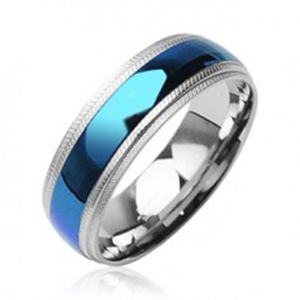 Šperky eshop Oceľový prsteň - modrý pruh v strede, vrubkované okraje - Veľkosť: 59 mm