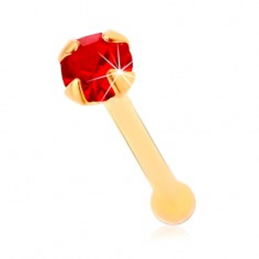 Šperky eshop Piercing do nosa zo žltého 14K zlata, rovný - okrúhly zirkónik červenej farby, 1,5 mm