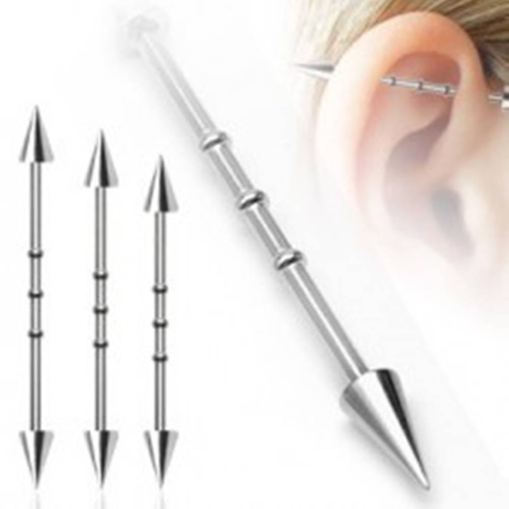 Šperky eshop Piercing do ucha s troma malými obručami a hrotovým  zakončením - Dĺžka piercingu: 32 mm