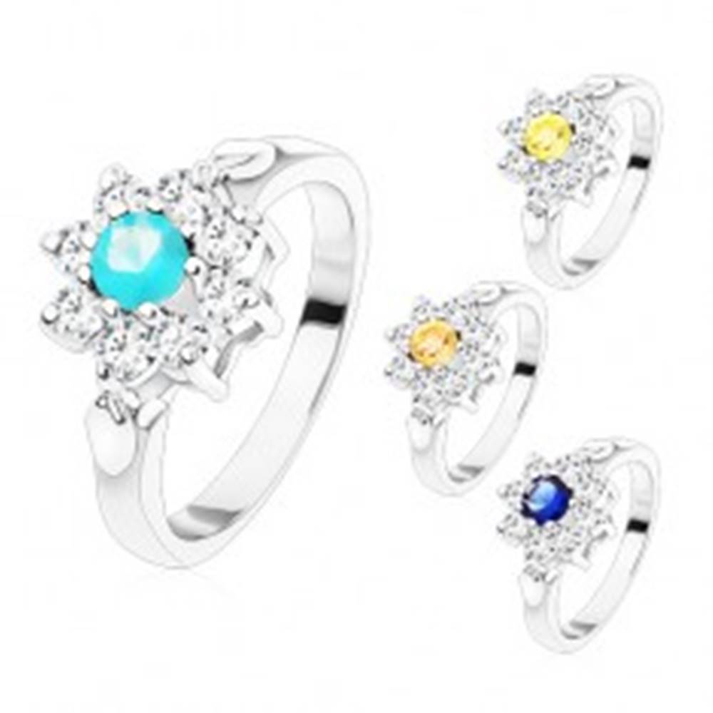 Šperky eshop Prsteň v striebornom odtieni, zirkónový kvet s farebným stredom, lístočky - Veľkosť: 48 mm, Farba: Aqua modrá