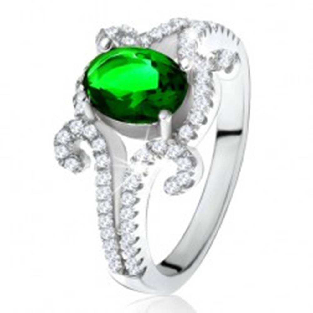 Šperky eshop Prsteň zo striebra 925, oválny zelený kameň, zatočené zirkónové ramená - Veľkosť: 50 mm