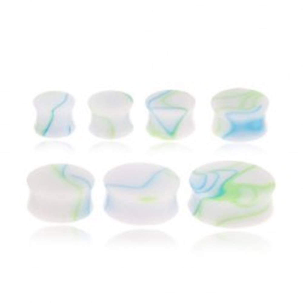 Šperky eshop Sedlový plug do ucha - biely s modro-zeleným mramorovým motívom - Hrúbka: 11 mm