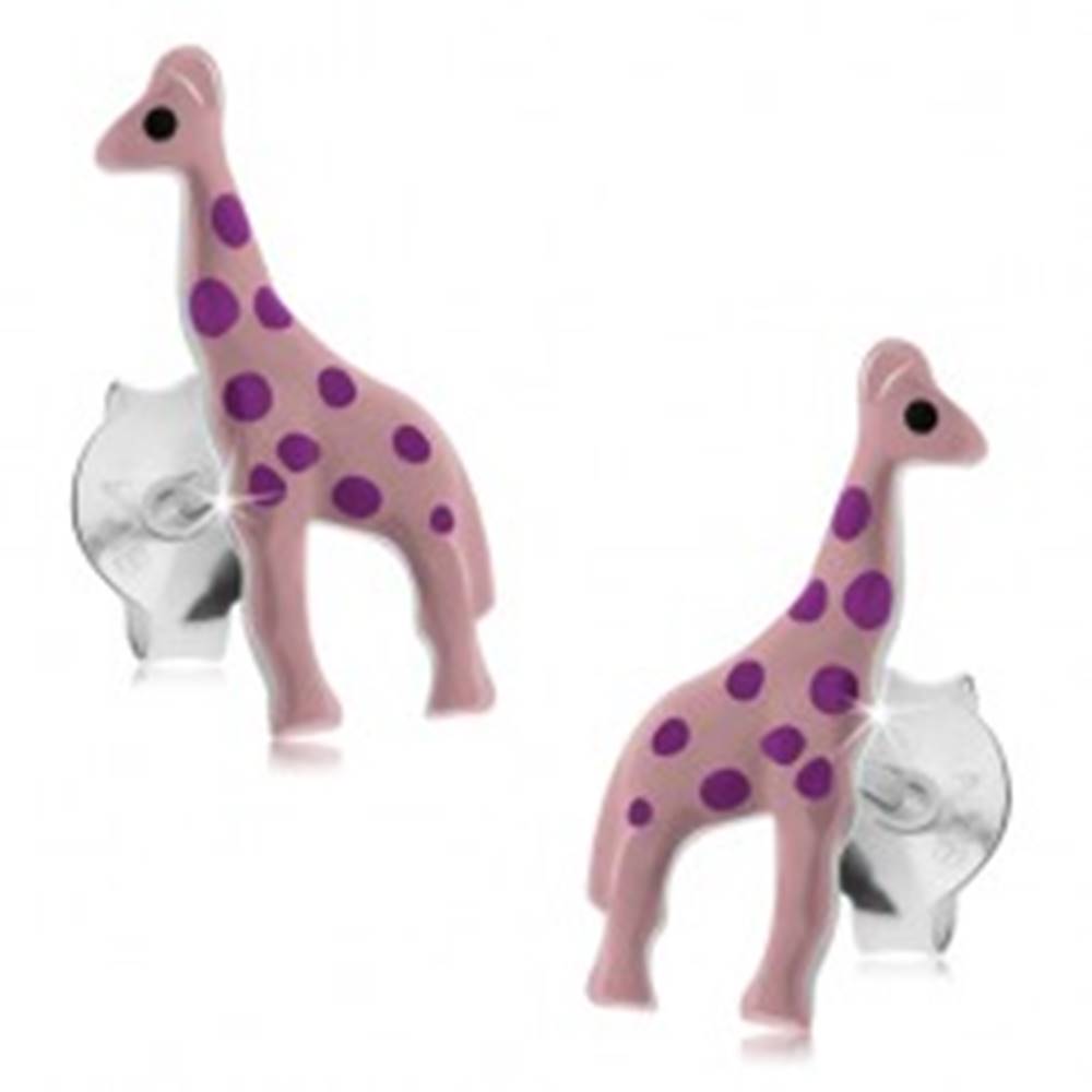 Šperky eshop Strieborné náušnice 925, svetloružová glazúrovaná žirafa s fialovými bodkami