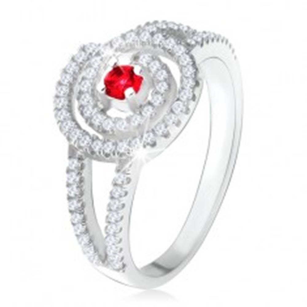 Šperky eshop Strieborný 925 prsteň, číra zirkónová špirála, rubínový kamienok - Veľkosť: 49 mm