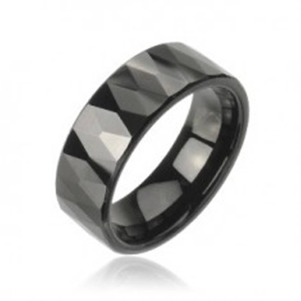 Šperky eshop Tungstenový prsteň so vzorom brúsených čiernych kosoštvorcov - Veľkosť: 49 mm