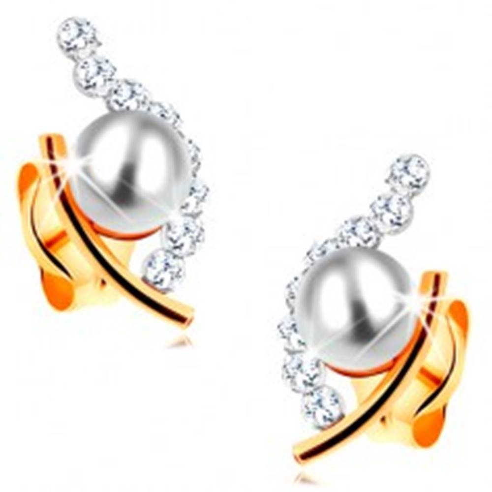 Šperky eshop Zlaté náušnice 585 - biela guľatá perla v neúplnom obryse zrnka, číre zirkóny