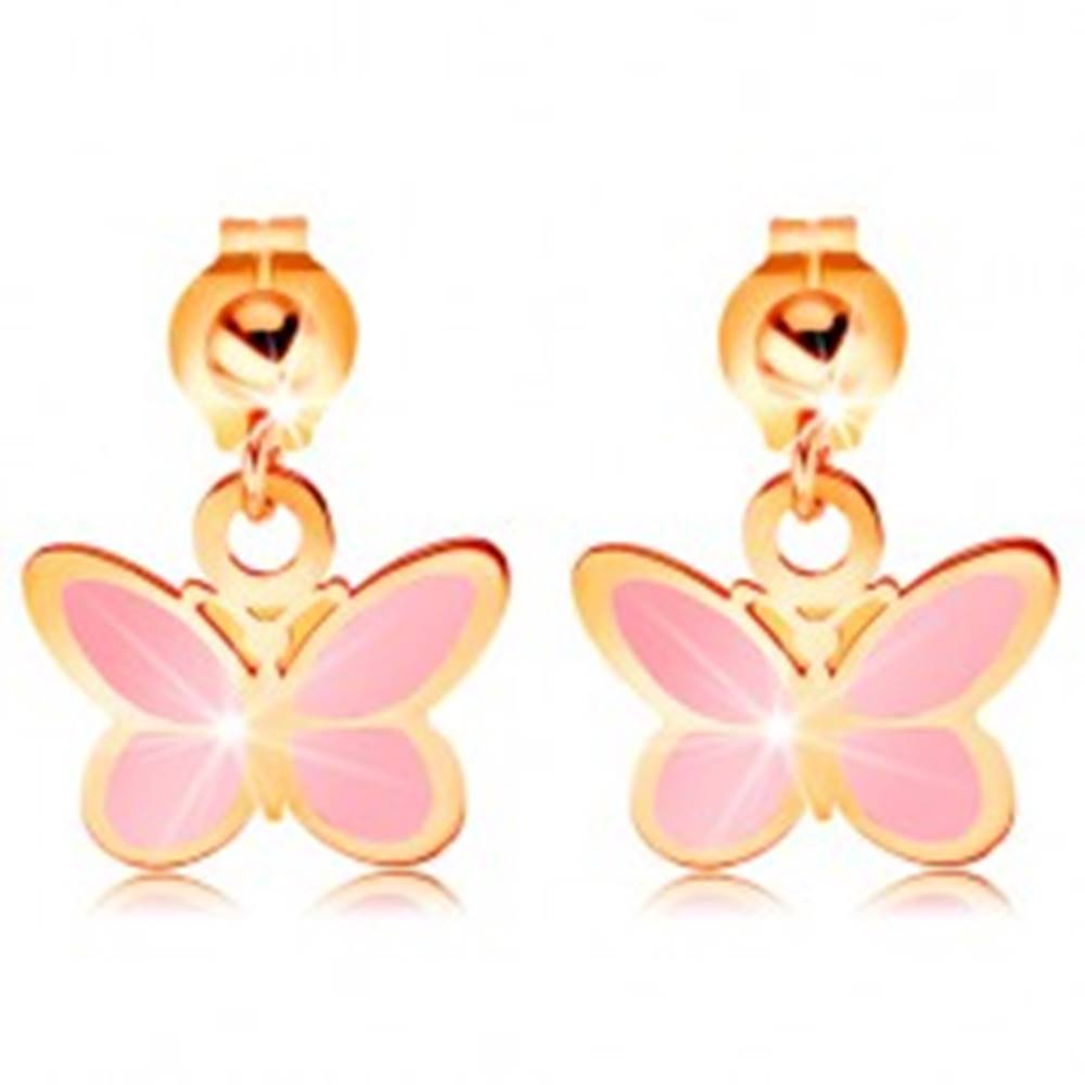 Šperky eshop Zlaté náušnice 585 - lesklá gulička a visiaci ružový motýlik, glazúra