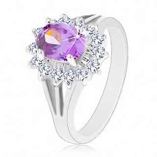 Ligotavý prsteň v striebornej farbe, fialový ovál, priezračná zirkónová obruba - Veľkosť: 50 mm