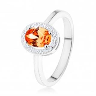 Strieborný prsteň 925, oranžový oválny zirkón, číry ligotavý lem - Veľkosť: 48 mm