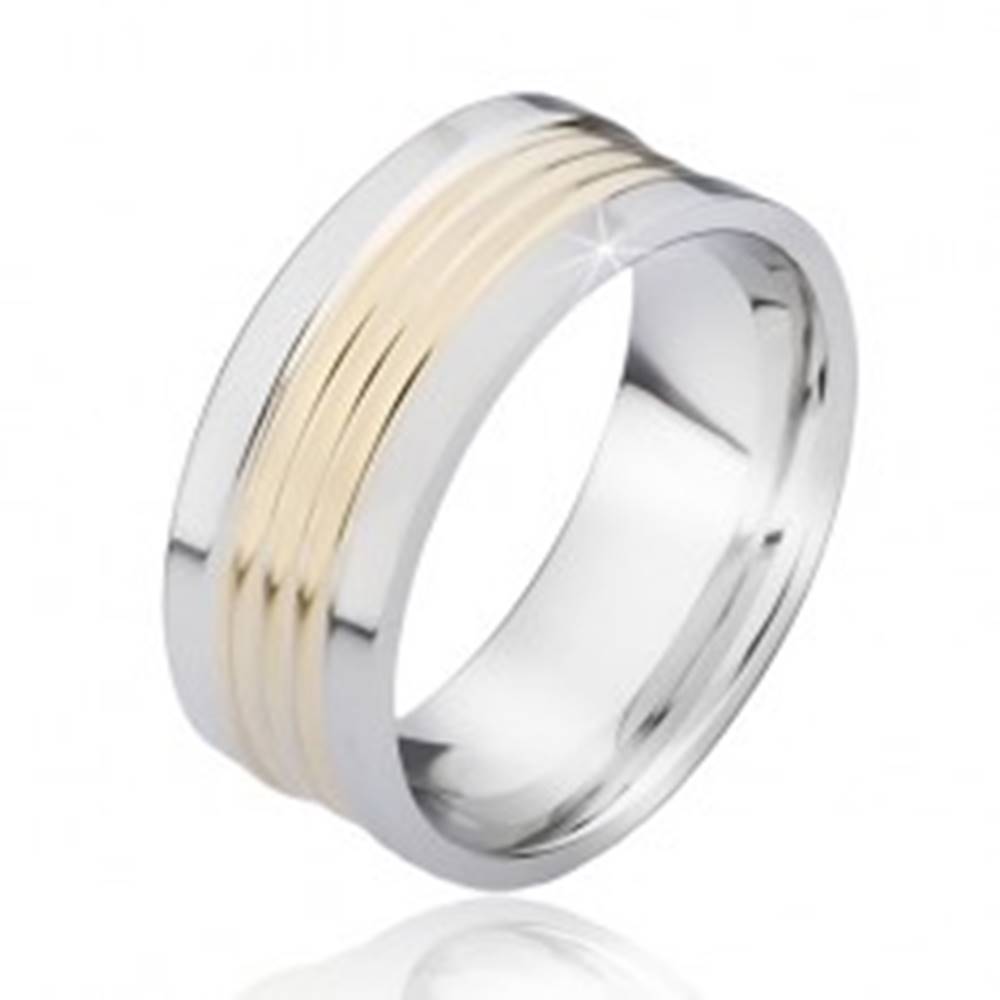 Šperky eshop Dvojfarebný oceľový prsteň so zaoblenými pásmi zlatej farby - Veľkosť: 57 mm