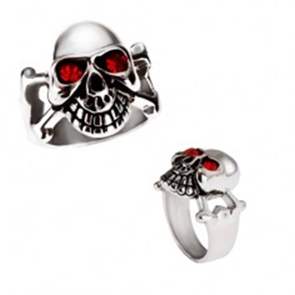 Šperky eshop Lesklý oceľový prsteň - lebka striebornej farby s červenými očami - Veľkosť: 59 mm