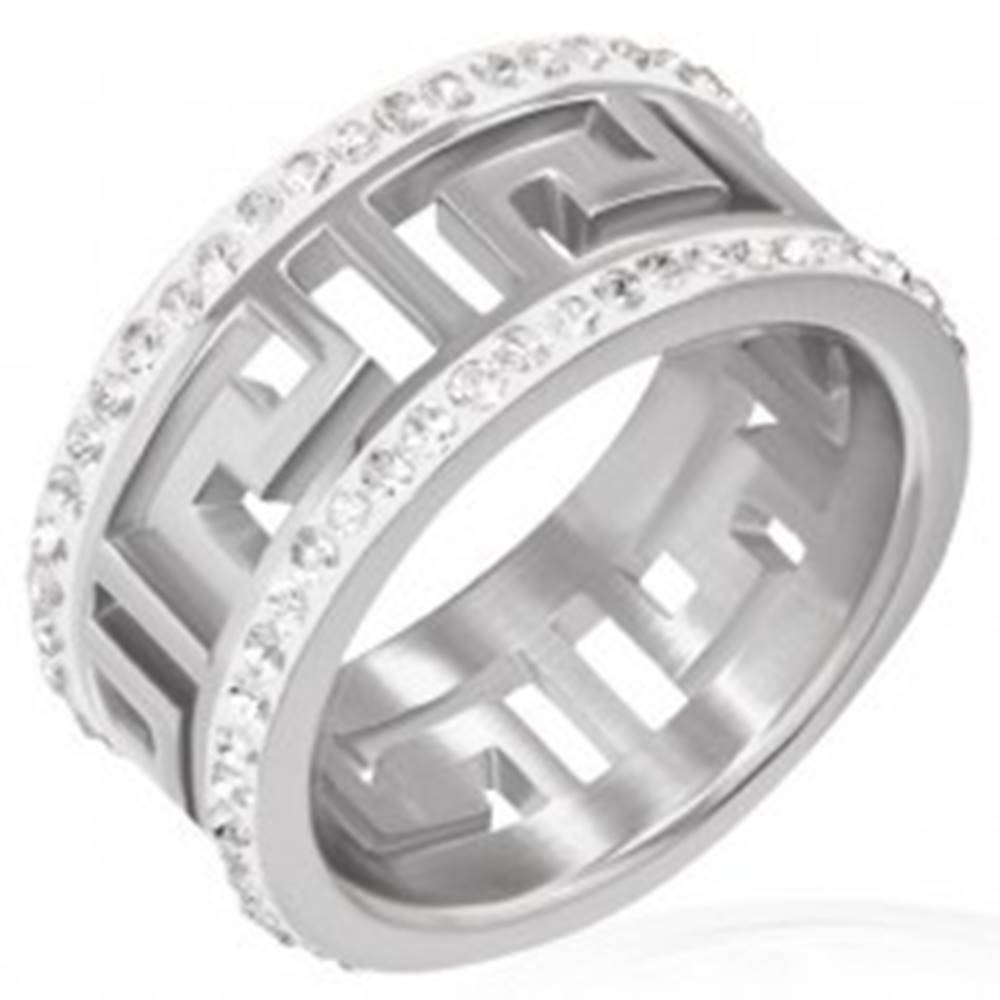 Šperky eshop Lesklý oceľový prsteň s výrezom - grécky symbol, žiarivé pásy - Veľkosť: 51 mm