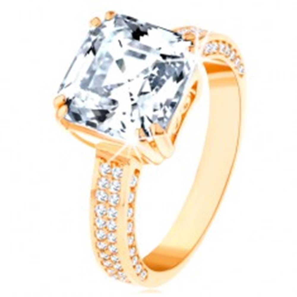 Šperky eshop Luxusný zlatý prsteň 585 - veľký brúsený zirkón v ozdobnom kotlíku, zirkónové línie - Veľkosť: 62 mm