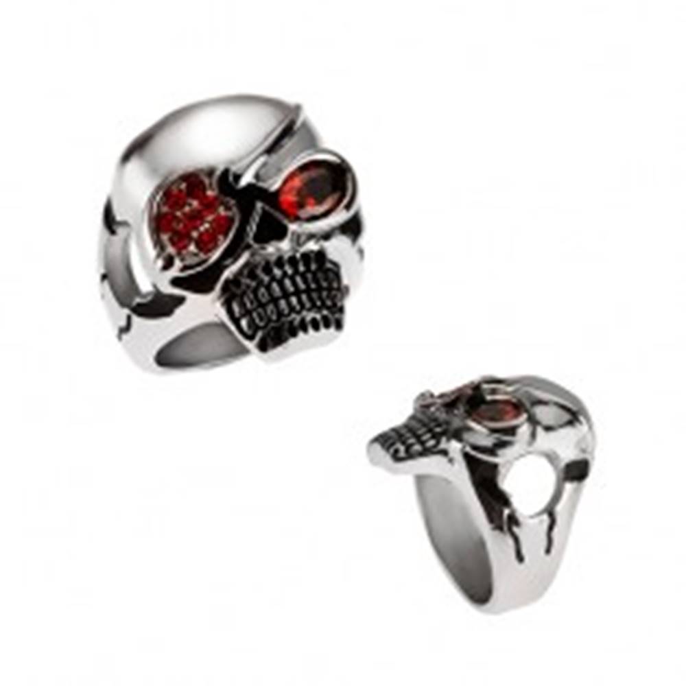 Šperky eshop Masívny oceľový prsteň, lebka s páskou cez oko, červené zirkóny - Veľkosť: 59 mm
