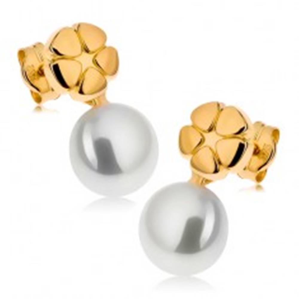 Šperky eshop Náušnice zo žltého 9K zlata, lesklý gravírovaný kvet, biela perla