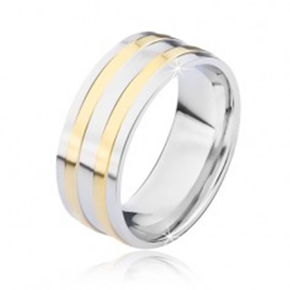 Šperky eshop Oceľová obrúčka striebornej farby s dvomi úzkymi pásmi zlatej farby - Veľkosť: 57 mm