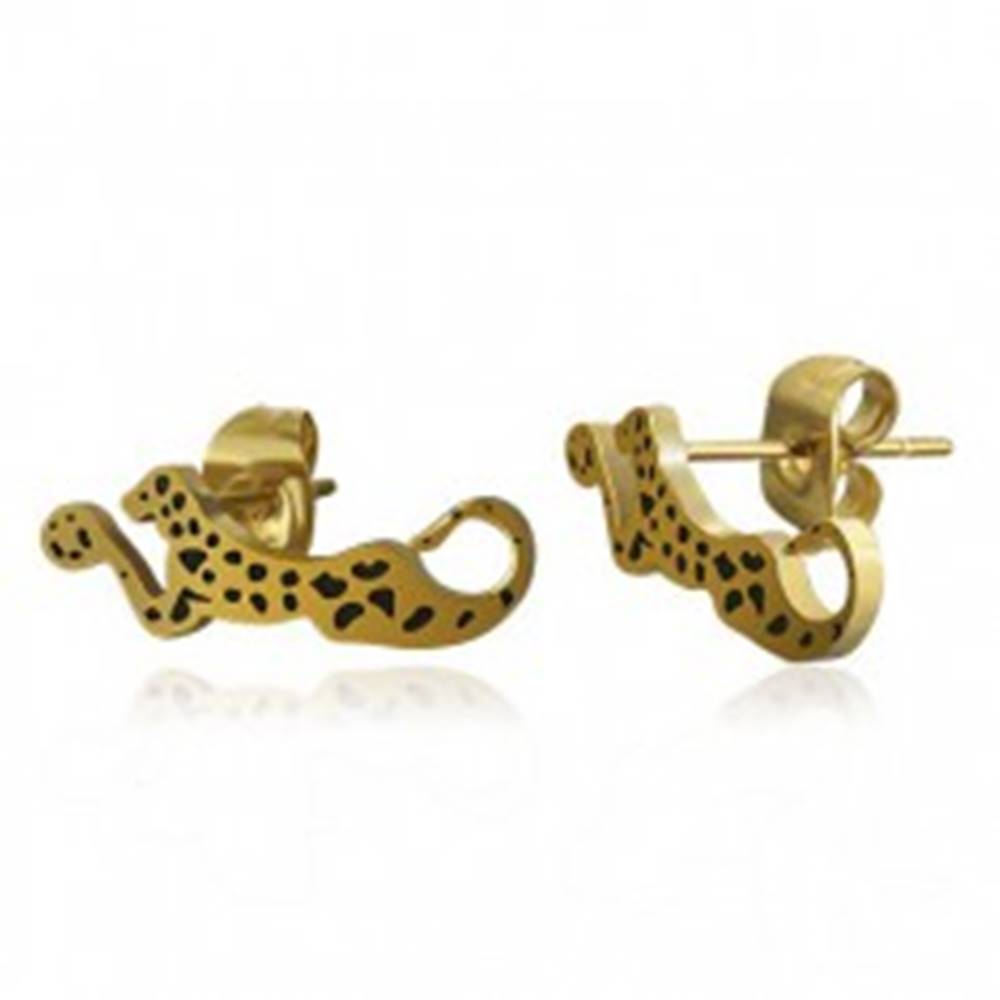 Šperky eshop Oceľové náušnice zlatej farby - ležiaci leopard s čiernymi škvrnami