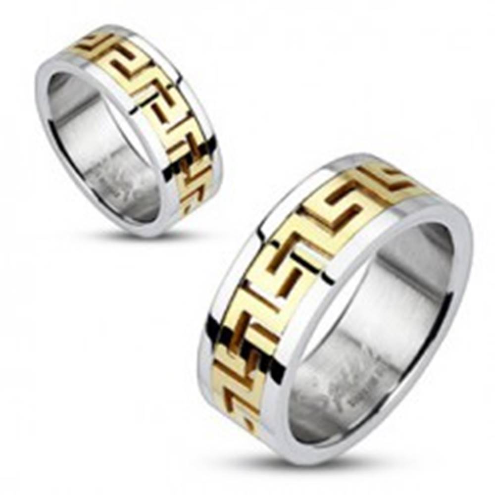 Šperky eshop Oceľový prsteň striebornej farby - vsadený grécky motív zlatej farby - Veľkosť: 49 mm