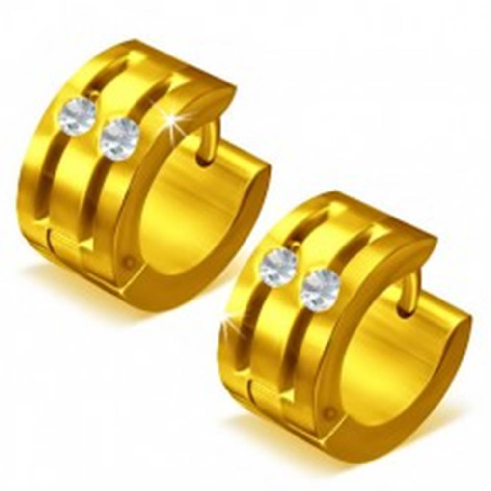 Šperky eshop Okrúhle oceľové náušnice - zlatá farba, dve ryhy zdobené zirkónmi