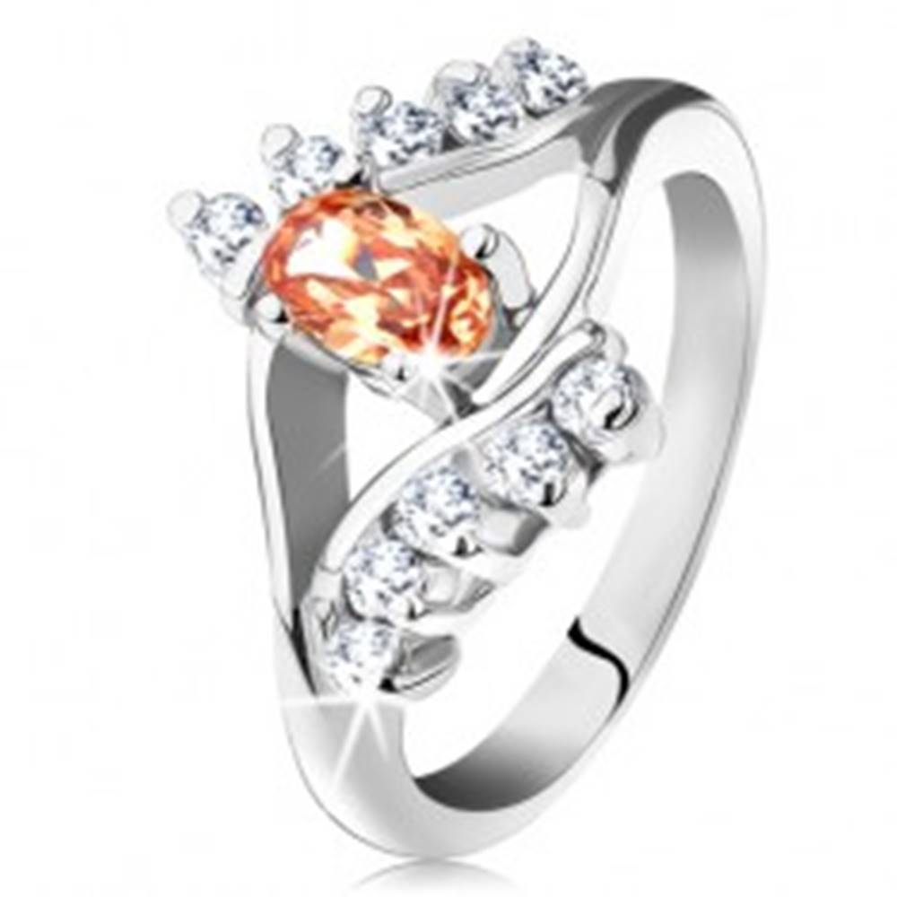 Šperky eshop Prsteň v striebornej farbe s rozdelenými ramenami, oranžový ovál, číre línie zirkónov - Veľkosť: 49 mm