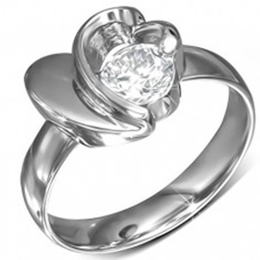 Šperky eshop Prsteň z chirurgickej ocele, okrúhly zirkón, srdce a obrys srdca - Veľkosť: 49 mm