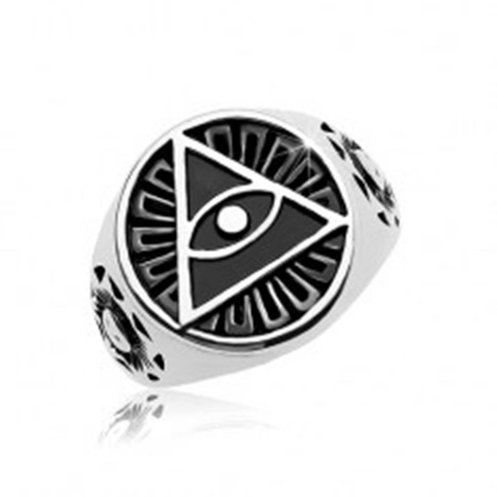 Šperky eshop Prsteň z ocele 316L, čierny patinovaný kruh a trojuholník s okom - Veľkosť: 58 mm