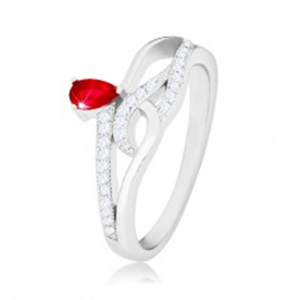 Šperky eshop Prsteň zo striebra 925, červený slzičkový zirkón, zvlnené zirkónové línie - Veľkosť: 56 mm