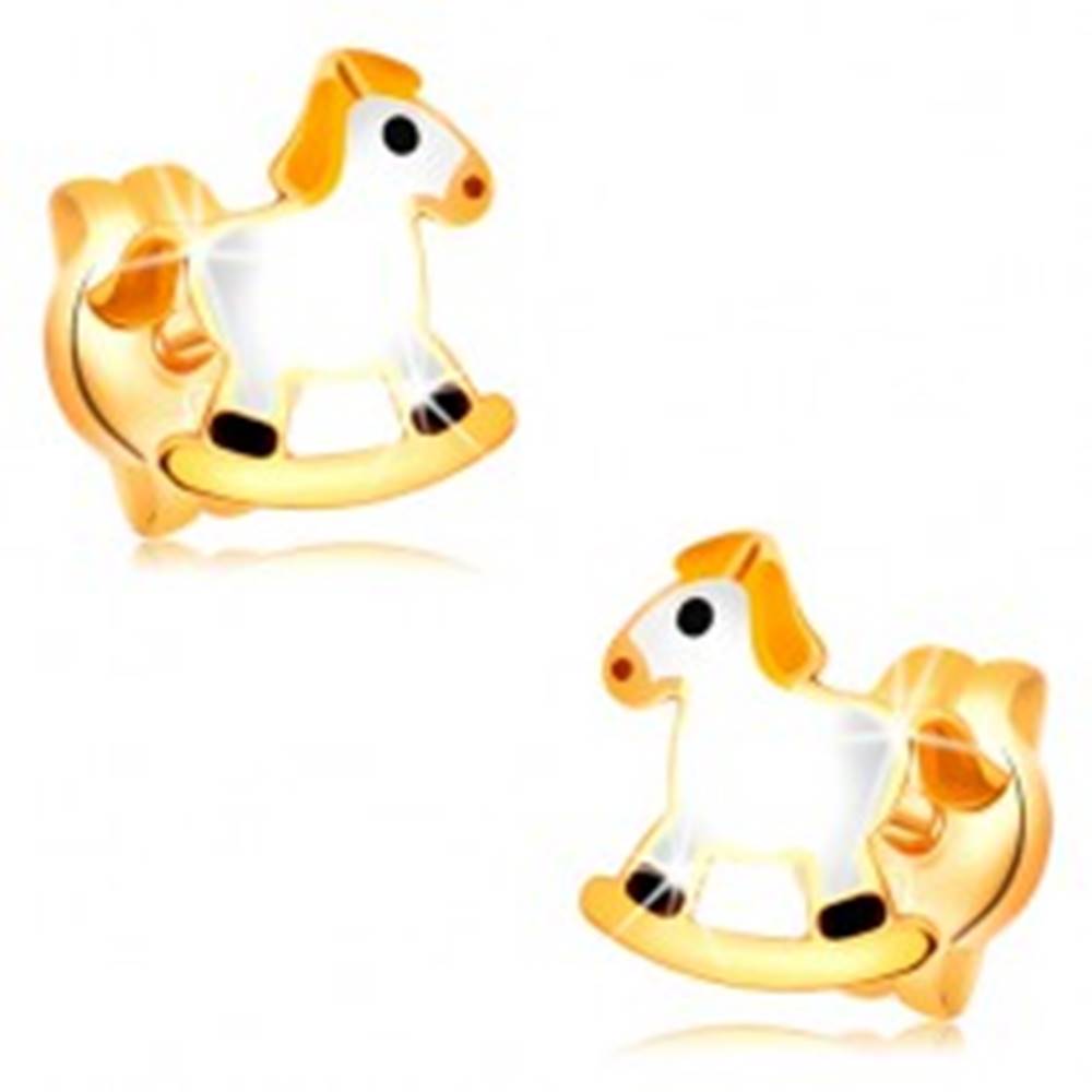 Šperky eshop Puzetové náušnice v žltom zlate 14K - biely hojdací koník so žltou hrivou
