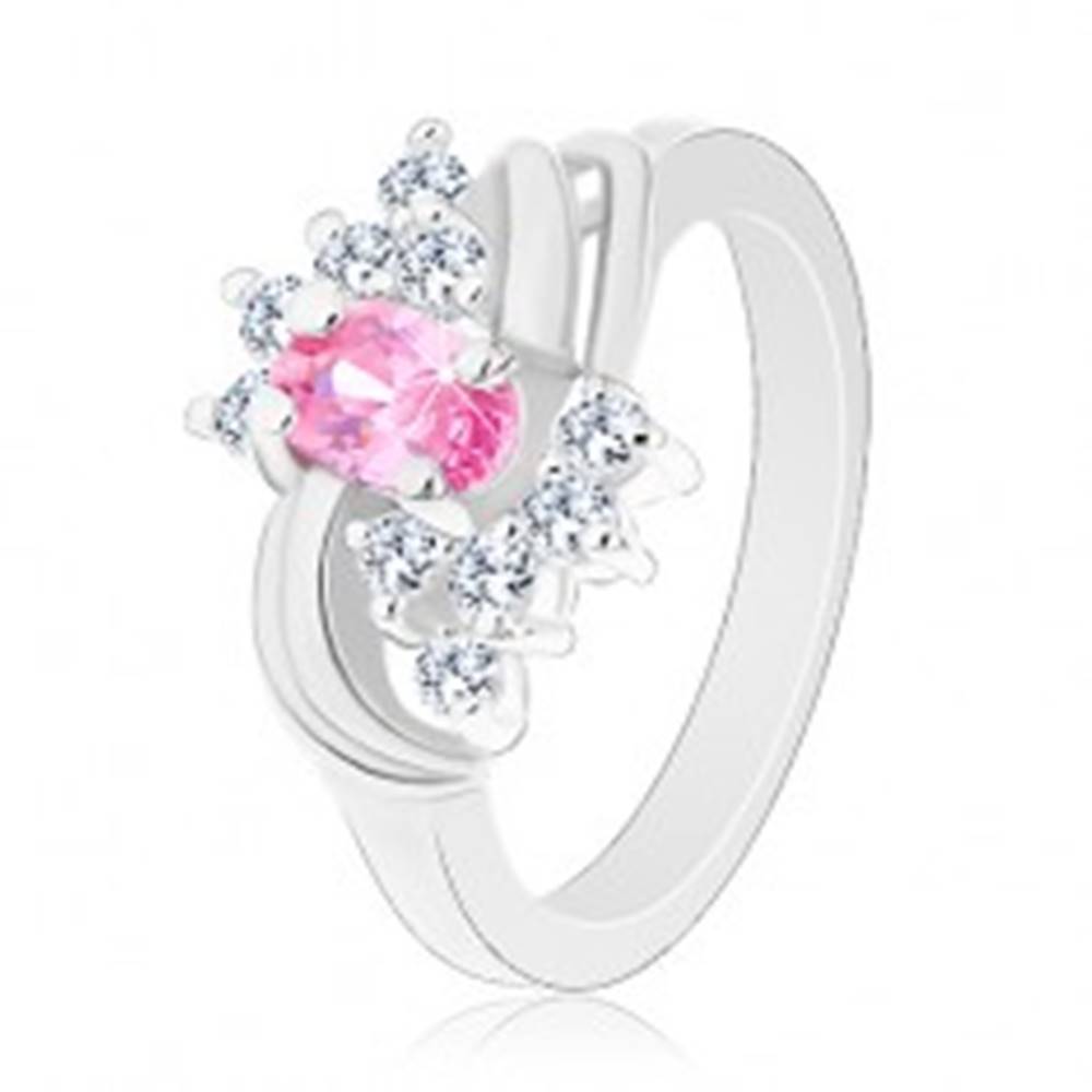 Šperky eshop Trblietavý prsteň so striebornou farbou a s ružovým oválom, číre zirkóniky, oblúky - Veľkosť: 49 mm