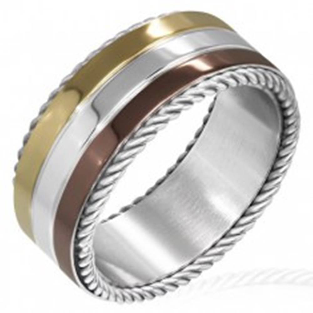 Šperky eshop Trojfarebný prsteň z ocele - točené lanko na okraji - Veľkosť: 52 mm