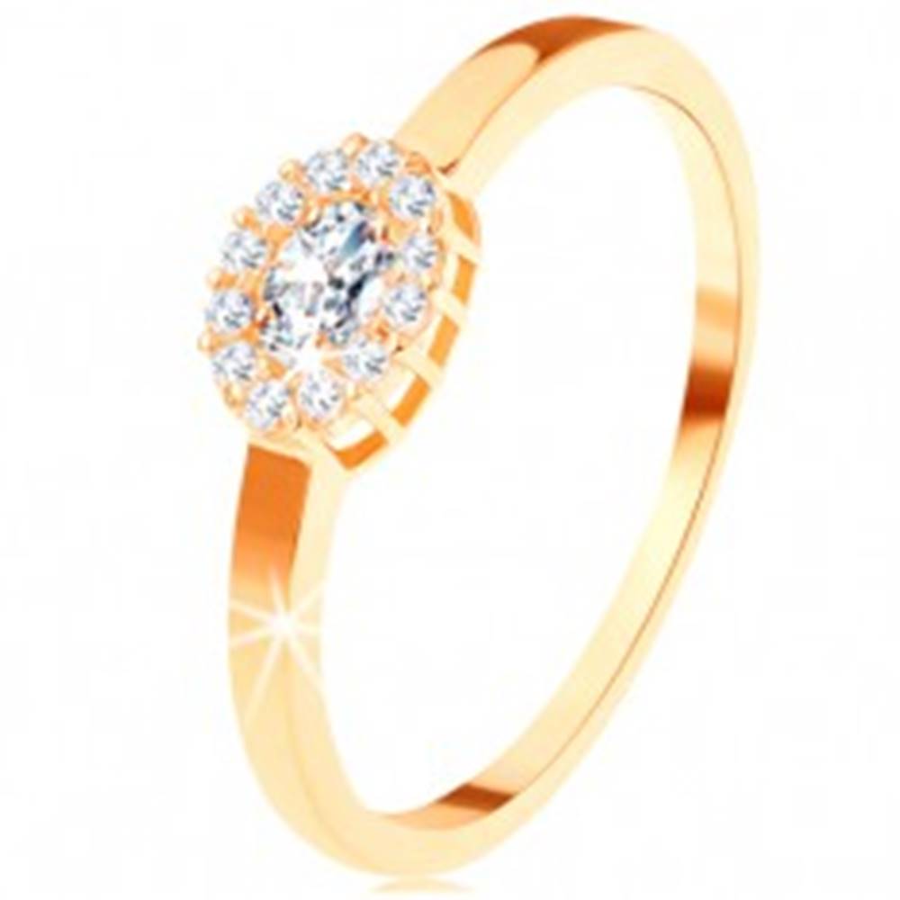 Šperky eshop Zlatý prsteň 585 - oválny číry zirkón lemovaný okrúhlymi zirkónikmi - Veľkosť: 49 mm
