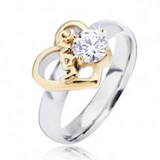 Oceľový prsteň s obrysom srdca zlatej farby a čírym zirkónom, Love - Veľkosť: 49 mm