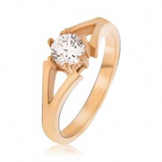 Oceľový prsteň zlatej farby, rozvetvujúce sa ramená, číry kamienok - Veľkosť: 49 mm