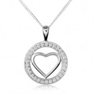 Strieborný náhrdelník 925, lesklá kontúra srdca v zirkónovej obruči